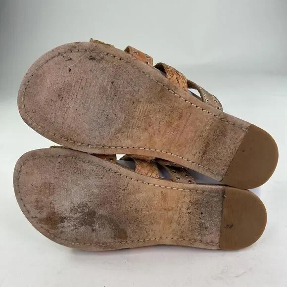 Bed Stu Henna Women's Sandals US 6.5 Brown Strappy Woven Leather Studded Slide - Picture 7 of 11